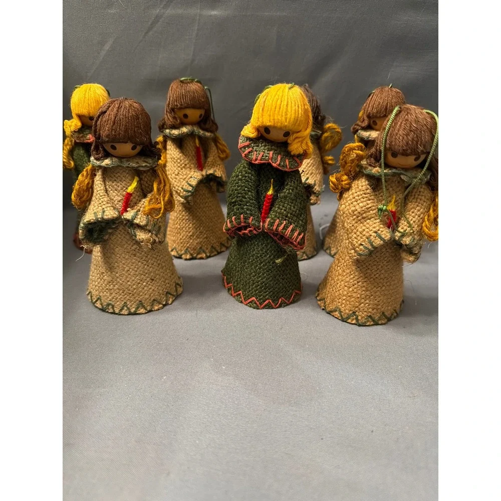Vintage Burlap Angel Christmas Ornaments Set 7 Yarn Hair Wood Bead Folk Art MCM